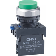 Кнопка упр. выступ., NP8-02GND/3 подсвет., самовозв., зелен., AC110-230В(LED), 2НЗ, IP65 (R), фото