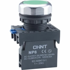 Кнопка упр. NP8-10BND/3 подствет., самовозв., зеленый, AC110-230В(LED), 1НО, IP65 (R), фото