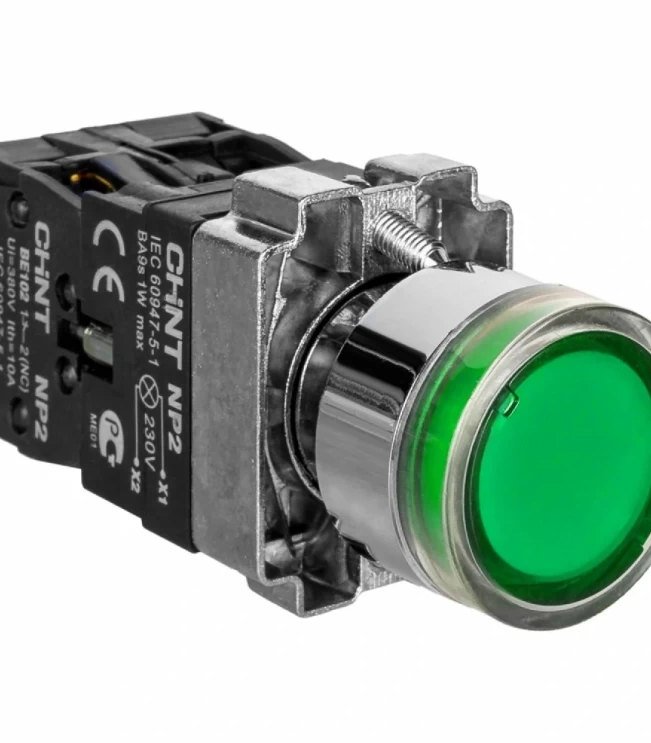 Кнопка управления NP2-BW3365 плоская, зеленая, 1НО+1НЗ, AC/DC230В (LED), IP40 (R), фото