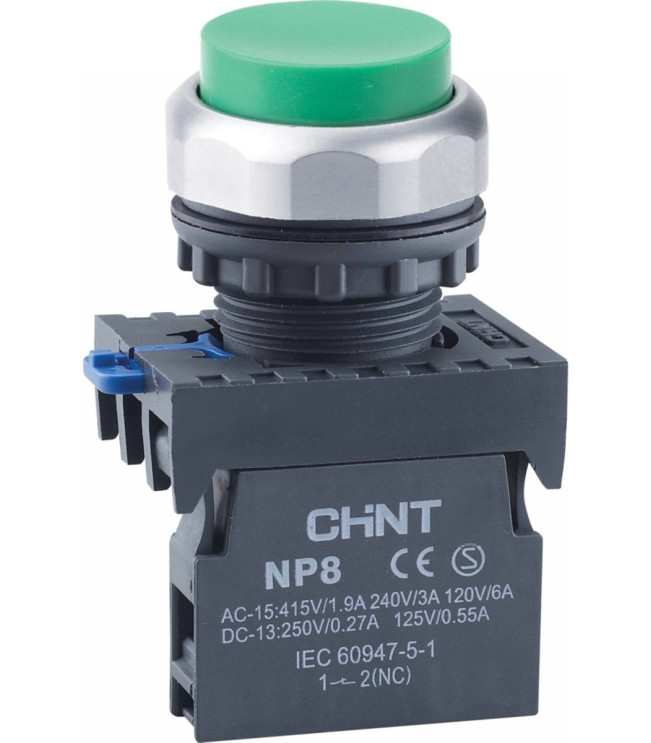 Кнопка упр. выступ., NP8-02GND/3 подсвет., самовозв., зелен., AC110-230В(LED), 2НЗ, IP65 (R), фото