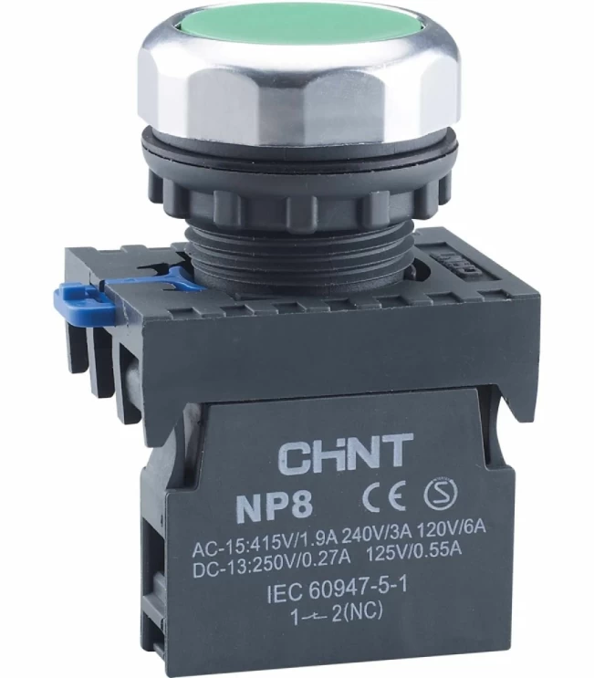 Кнопка упр. NP8-10BND/3 подствет., самовозв., зеленый, AC110-230В(LED), 1НО, IP65 (R), фото