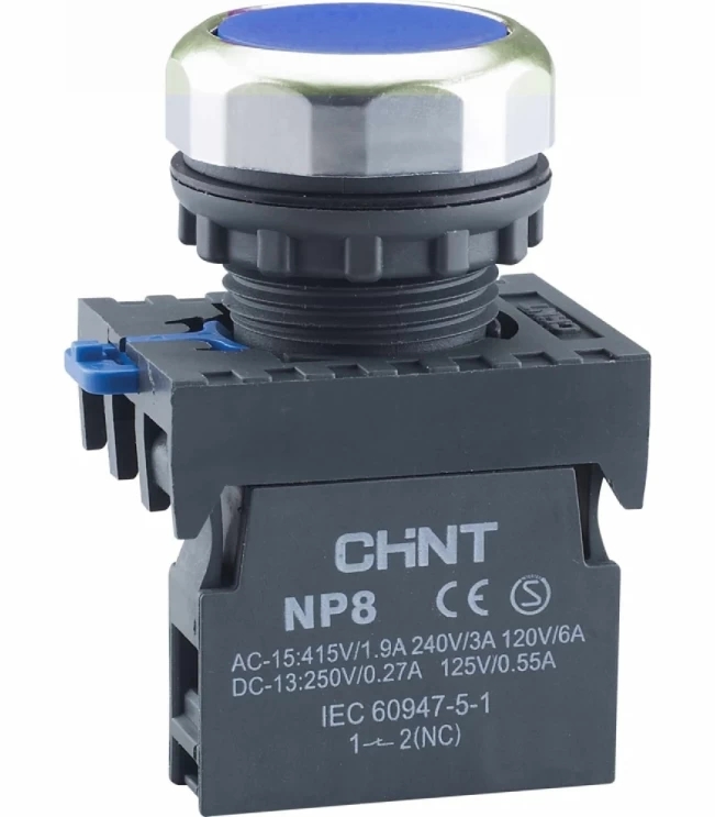 Кнопка упр. NP8-01BND/6 подствет., самовозв., синий AC110-230В(LED), 1НЗ, IP65 (R), фото
