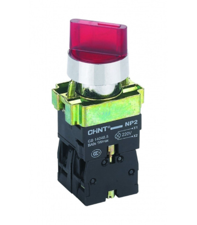 Переключателя NP2-BK13465,  3 положения с фиксацией  1НО+1НЗ, красная AC230В (LED) IP40, фото