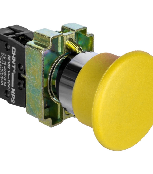 Кнопка управления "Грибок" ?40мм с самовозвратом NP2-BC52 без подсветки желтая 1НЗ IP40 (CHINT), фото