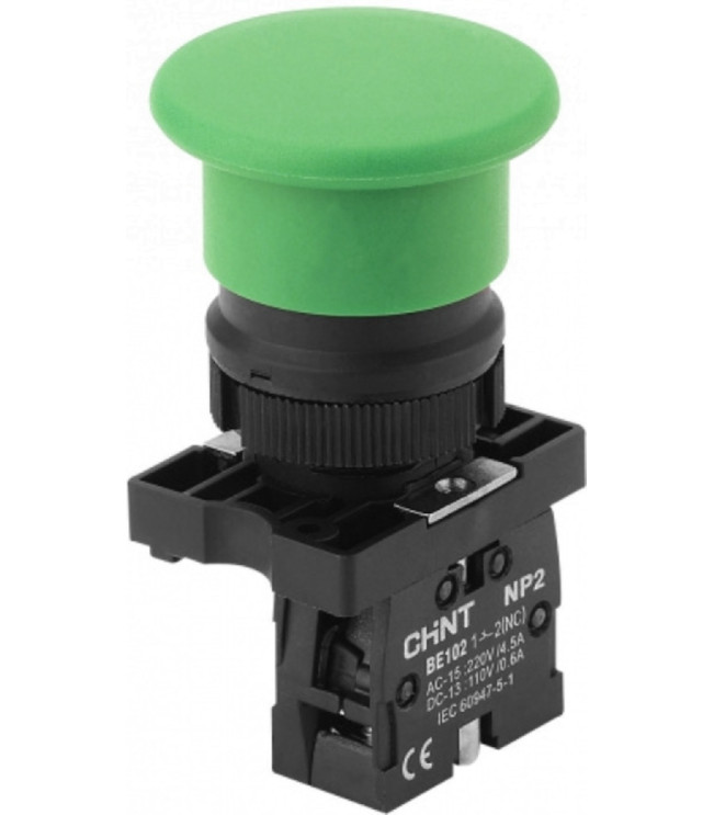 Кнопка управления "Грибок" ?40мм с самовозвратом NP2-BC32 без подсветки зеленая 1НЗ IP40 (CHINT), фото