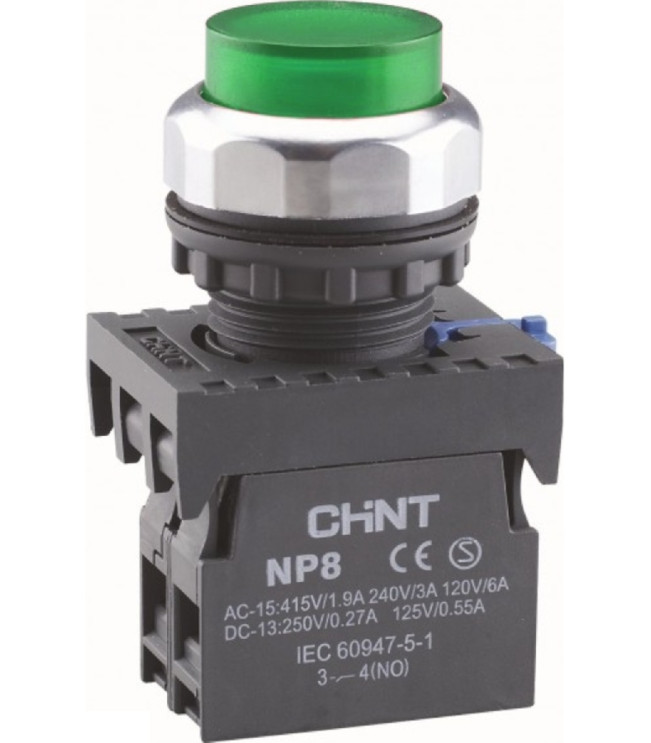 Кнопка управления NP8-10GND/3 1НО зеленая AC110В-220В(LED) IP65 (R), фото