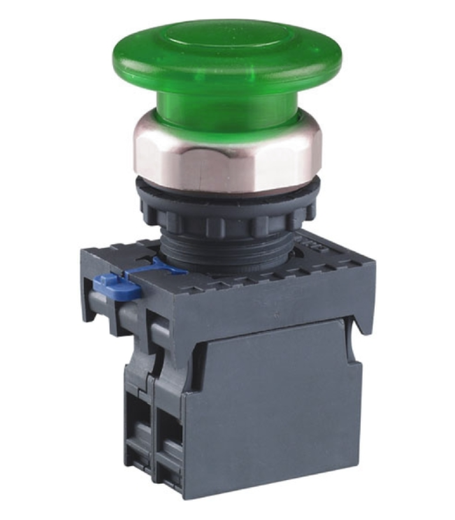 Кнопка управления "Грибок" ?40мм (2) с самовозвратом NP8-10MD/1 1НО зеленая AC110В-220В(LED) IP65 (R, фото