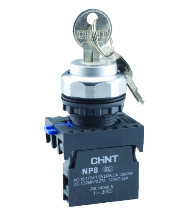 Переключатель с ключом NP8-10Y/22 , 2 положения с возвратом, 1НО+1НЗ IP65 (R), фото