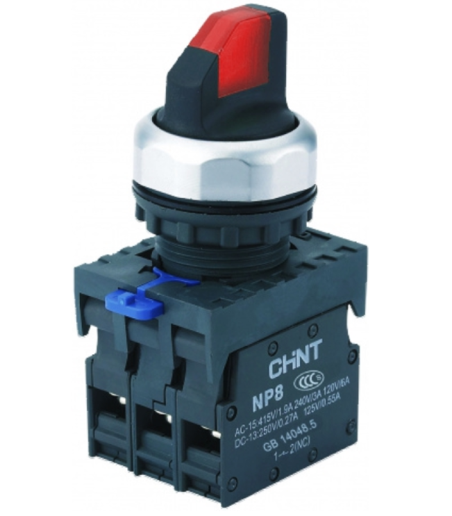Переключатель с подсв. NP8-11XD/314, 3 полож. с фиксацией, 1НО+1НЗ крас. AC110В-230В(LED) IP65 (R), фото